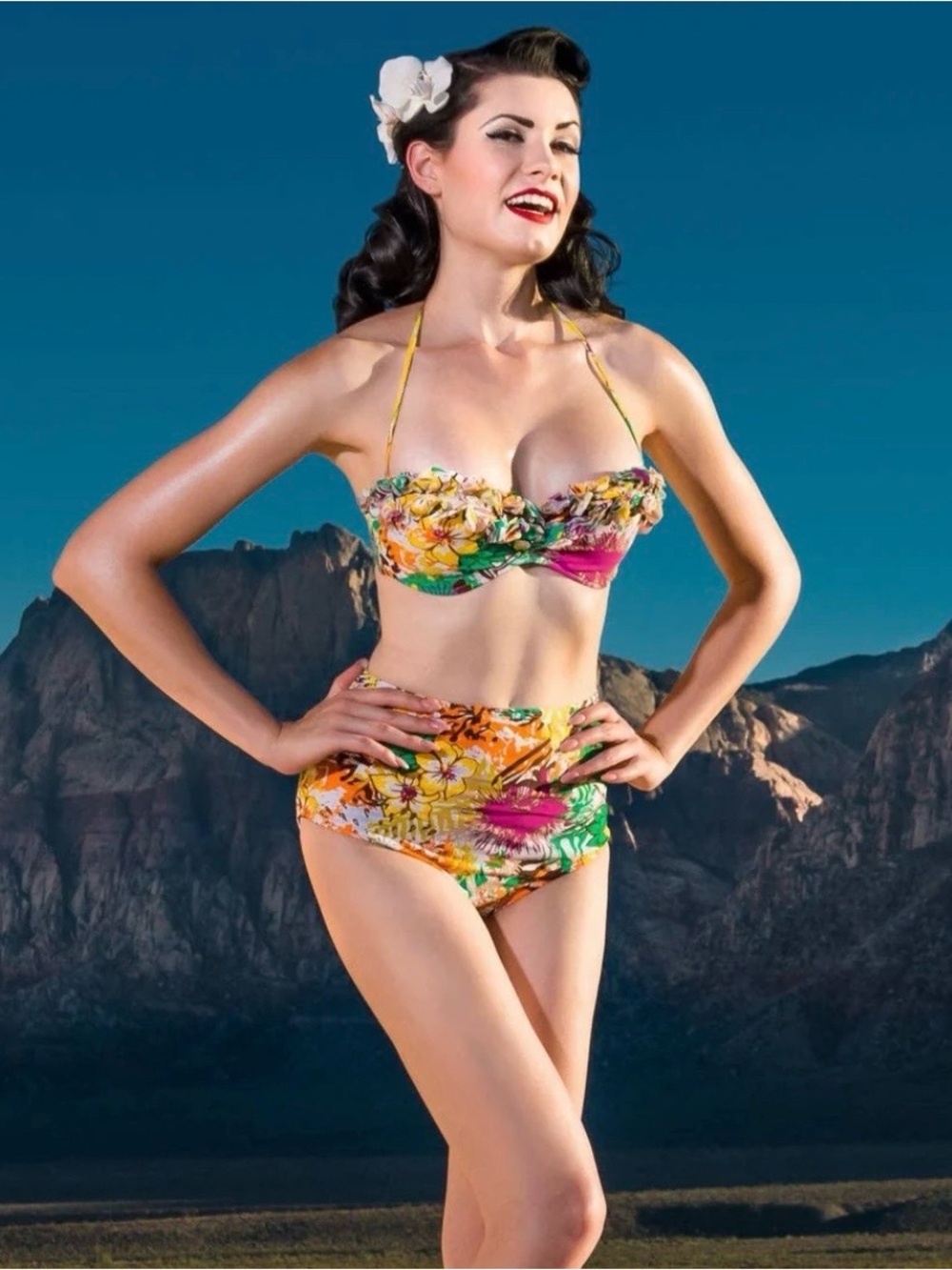 High-Waist Floral Ruffle Bikini Set - Yellow Multi - Picture 3 of 8
